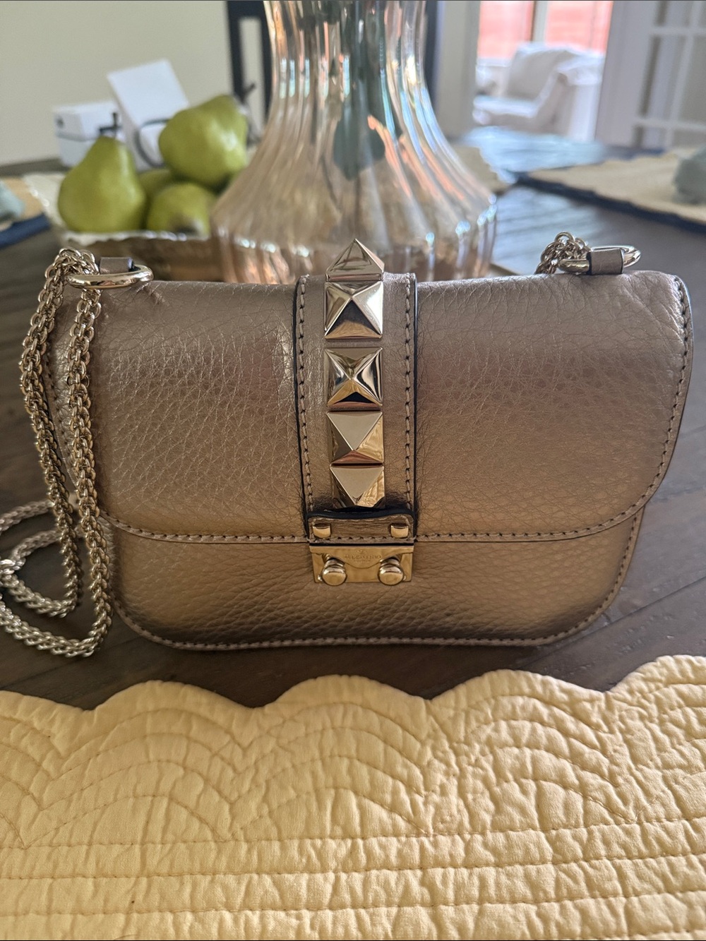 Valentino Champagne Gold Stud-Accent Crossbody Bag
